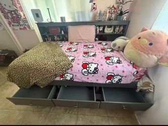 Gray Twin Bed Frame with Storage Drawers and Bookcase Headboard