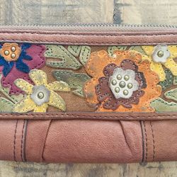 Vintage Brown Leather Fossil Embellished Multi Pocket Wallet Clutch 
