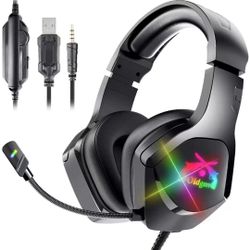 Stereo Gaming Headset for Xbox One/PC/PS4/PS5 Controller, Over Ear Headphones with RGB Light Noice Cancelling Microphone and Soft Earmuffs