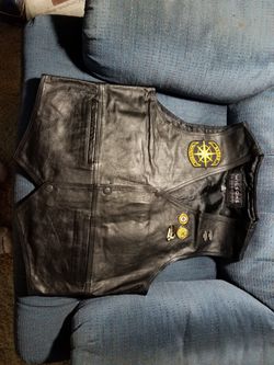 Leather biker vest with patch and pins medium