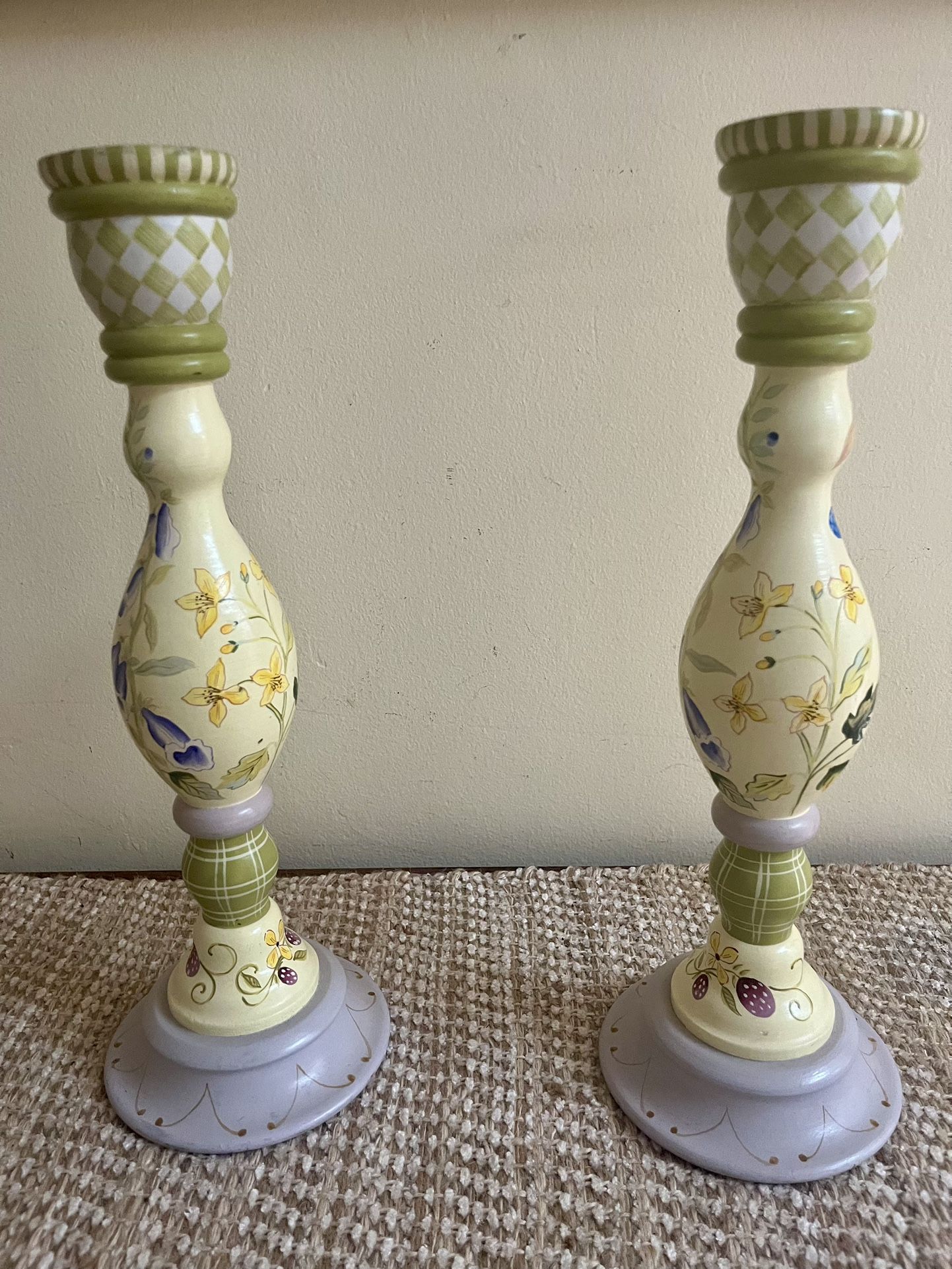 Hand-Painted Vintage Wood Farmhouse Candlesticks