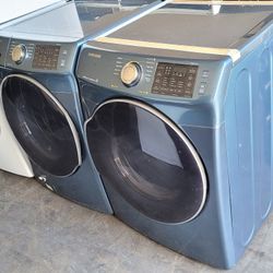 Samsung Front Load Washer And Stackable Gas Dryer Set In Blue 