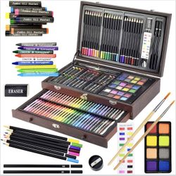 145 Piece Deluxe Art Set, Wooden Box & Drawing Kit with Crayons, Oil Pastels, Colored Pencils, Watercolor Cakes, Sketch Pencils, Paint Brush, Sharpene