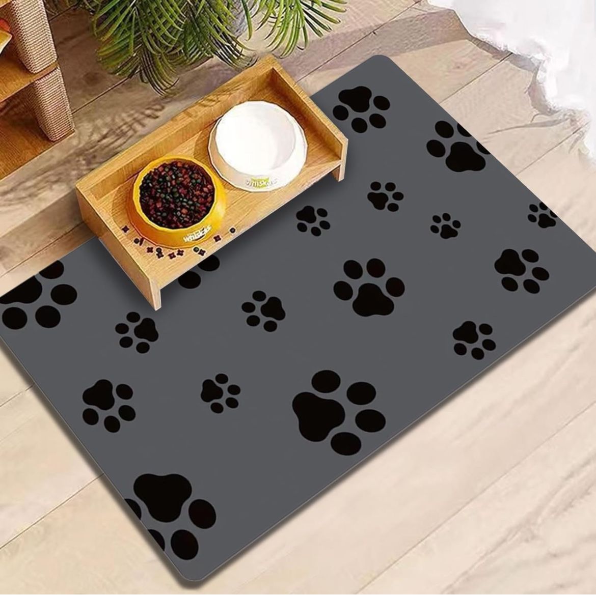 New 18"×30" Dog Food Mat-Absorbent Dog Pee Mat No Stains Quick Dry Cat Dog Food Bowl Mat Non Skid Dog Feeding Mat with Footprints for