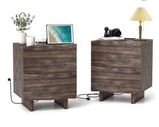 Set of 2 Bestier Wave Side Table with Drawer & Charging Station, AC Outlet, USB & Type-C Ports for Bedroom or Living Room