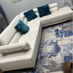White Faux Leather Sofa Sectional With Adjustable Headrest 