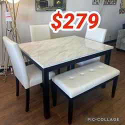 White 5 Piece Faux Marble Top Dining Table Set 48" x 36" x 30"H