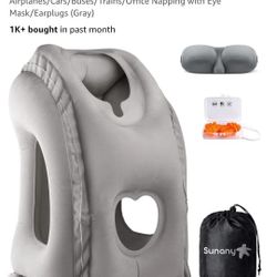 Sunany Travel Pillow, Inflatable Neck Pillow Used for Airplanes/Cars/Buses/Trains/Office Napping with Eye Mask/Earplugs (Gray)