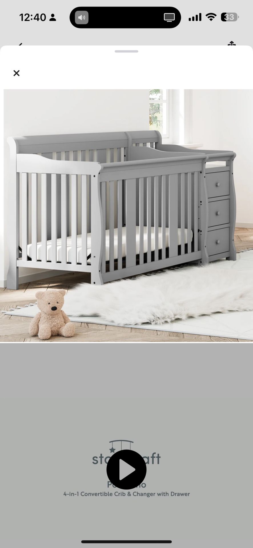 Grey Crib With Changing Table Attached