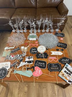 Wedding party decorations , Photo Booth props, 10 placemats, table decorations, blank chalk banner