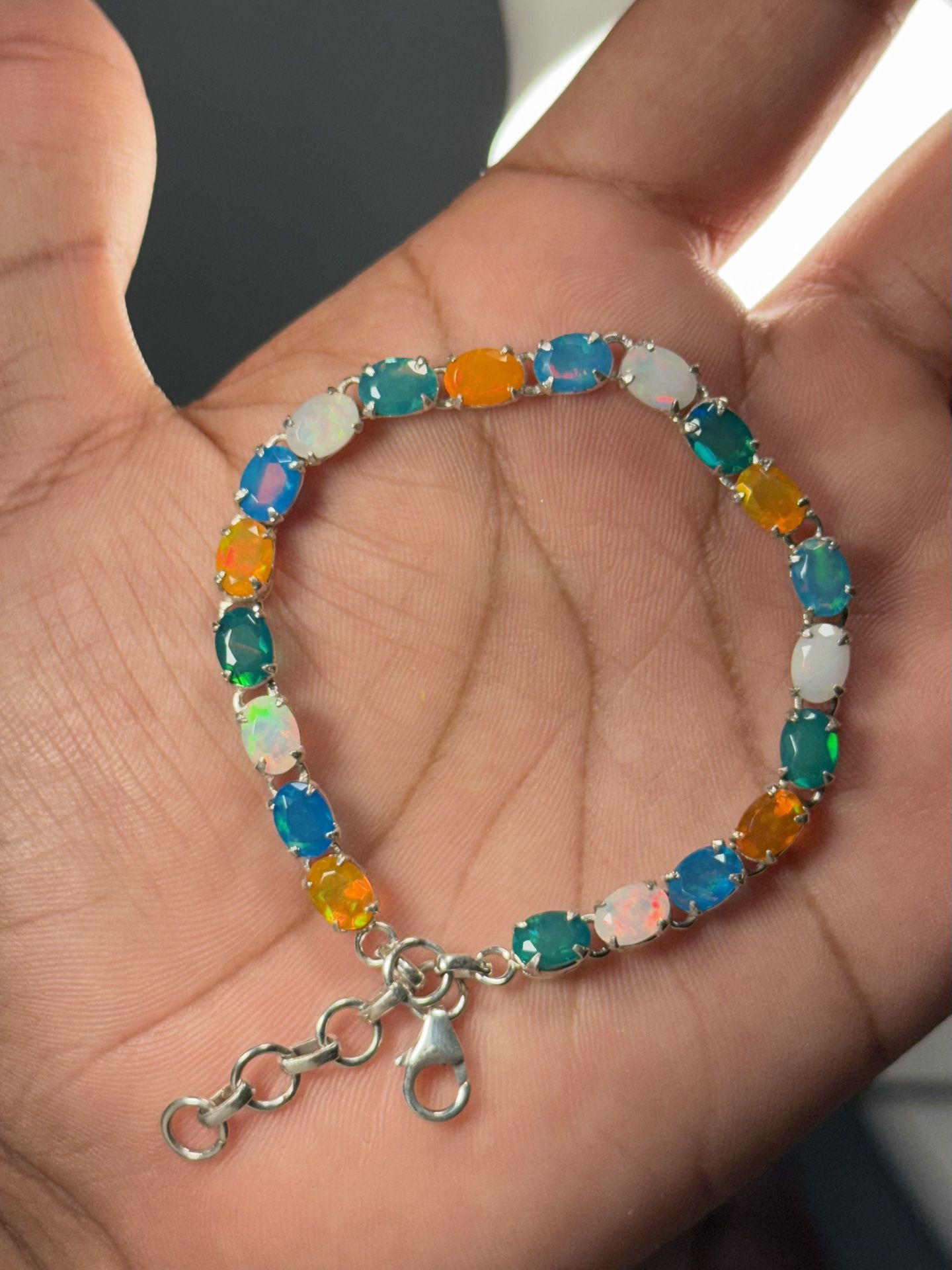 925 Sterling Silver Ethiopian Opal Bracelet - 8.2" Adjustable, Multicolor
