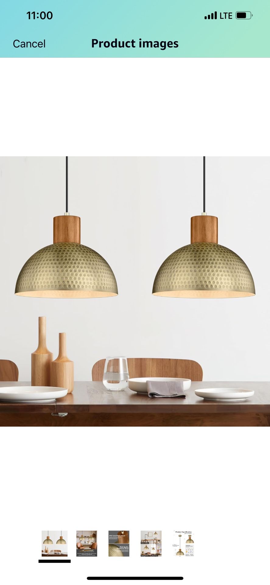 ELYONA 2 Pack Pendant Light Fixtures, Vintage Hammered Metal & Wood Dome Hanging Lamp, Antique Gold Industrial Kitchen Pendant Lights for Island, Farm