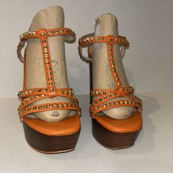 Michael Kors Alexi Orange Leather Gold Stud Platform Wedge Sandals, 6.5