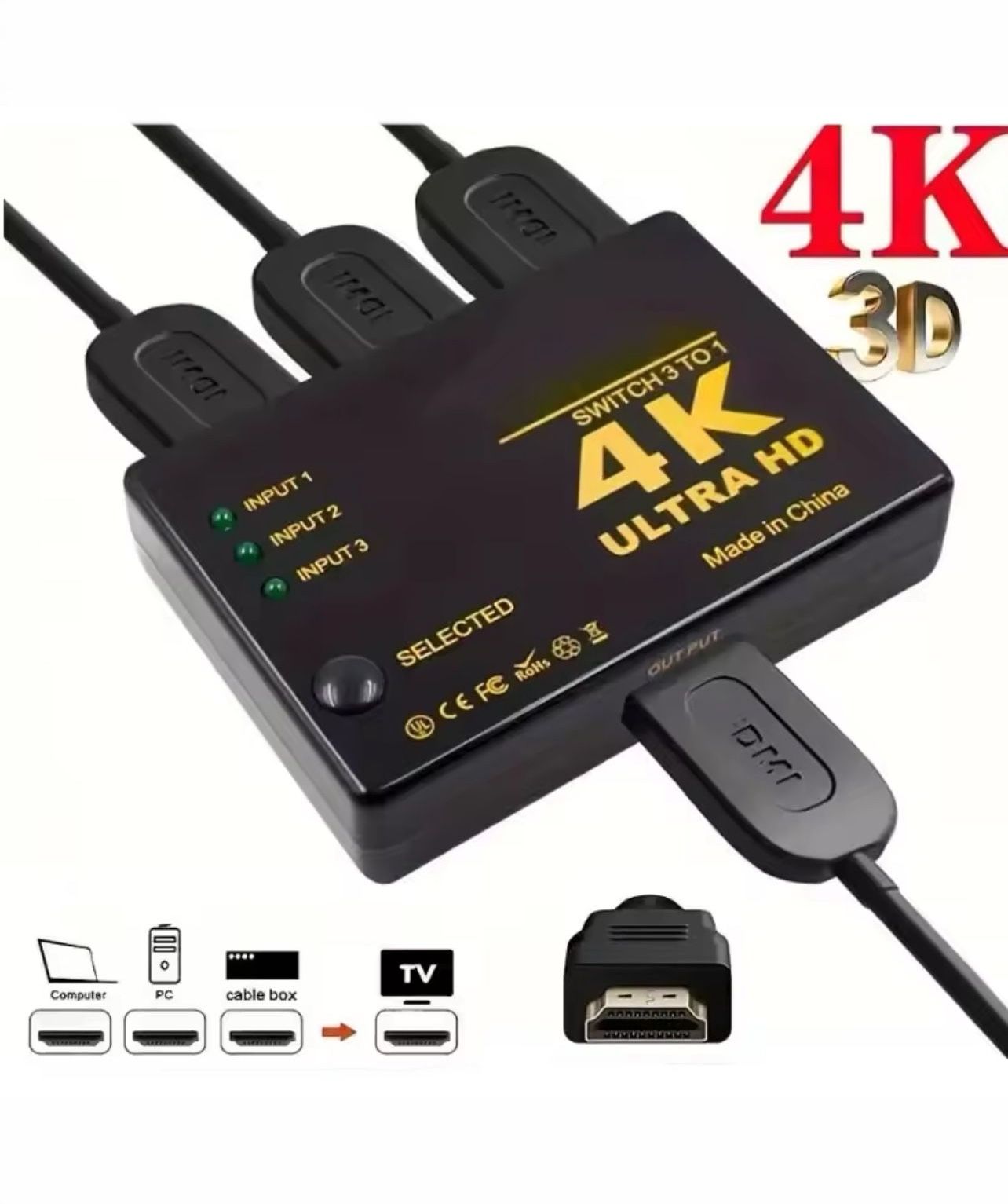 HDMI-compatible Switch 4K Switcher 3 in 1 out HD 1080P Video Cable Splitter 1x3 Hub Adapter Converter for PS4/3 TV Box HDTV PC