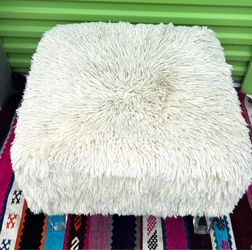 White Shag Ottoman with Lucite Legs
