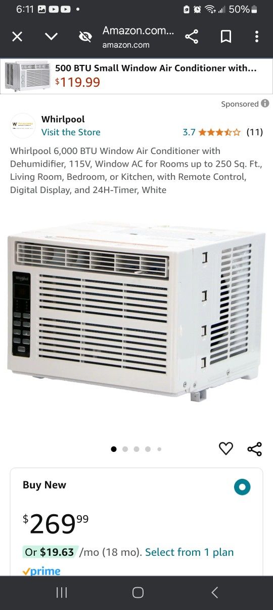 NEW Window Air Conditioner Whirlpool 6,000 BTU 115V