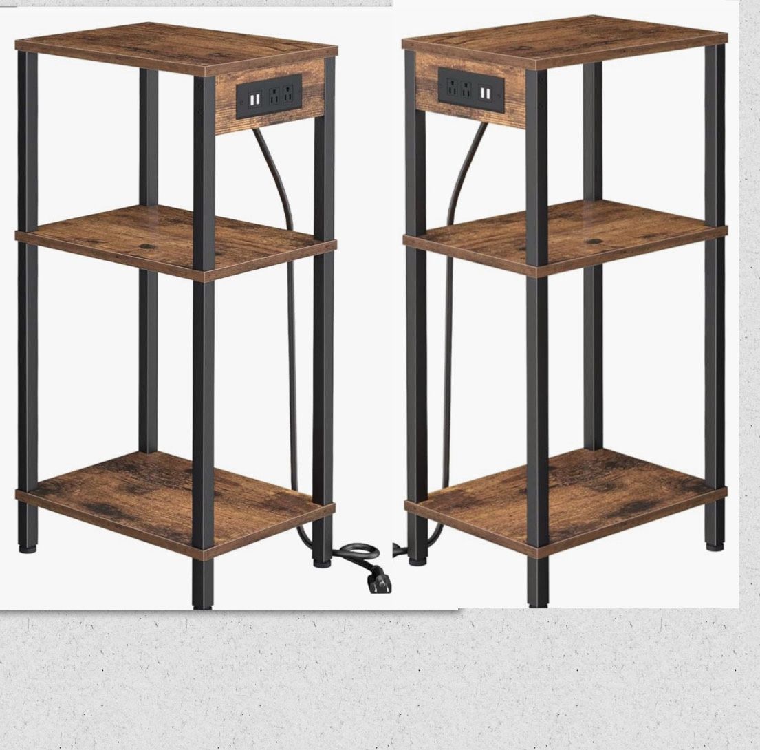 (5555-4) 2 Side Table with Charging Station, Tall End Tables Living Room, 30 Inch Skinny Night Stand with Storage,Small Bedside Tables for Bedroom, Of