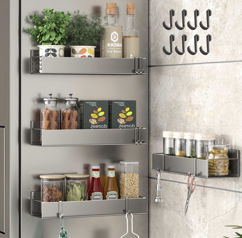 4 Pack Magnetic Spice Rack Organizer for Refrigerator and Microwave Oven, Metal Fridge Shelf for Kitchen, Black