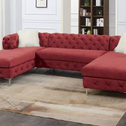 Brand New Red Modern Style Sectional Sofa w Double Chaise Lounge 