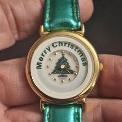 Novelty Christmas Sheen Quartz Watch With Green Leather Strap, Merry Christmas Rotating Around As The Second Hand-New Battery, Works