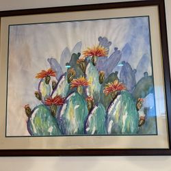 One of a kind hand painted watercolor of colorful blooming prickly pear cactus 🌵 