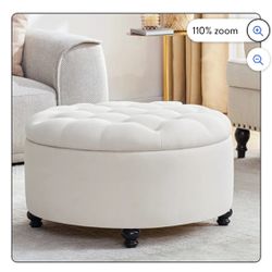 30.1-Inch Round Storage Ottoman, Upholstered Button Tufted Ottoman Coffee Table with Solid Wood Legs, Linen Fabric Ottoman with Storage Footrest Stool