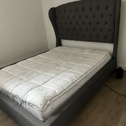 Grey quilted headboard and bed frame (attached) MUST GO BY MONDAY 4/29