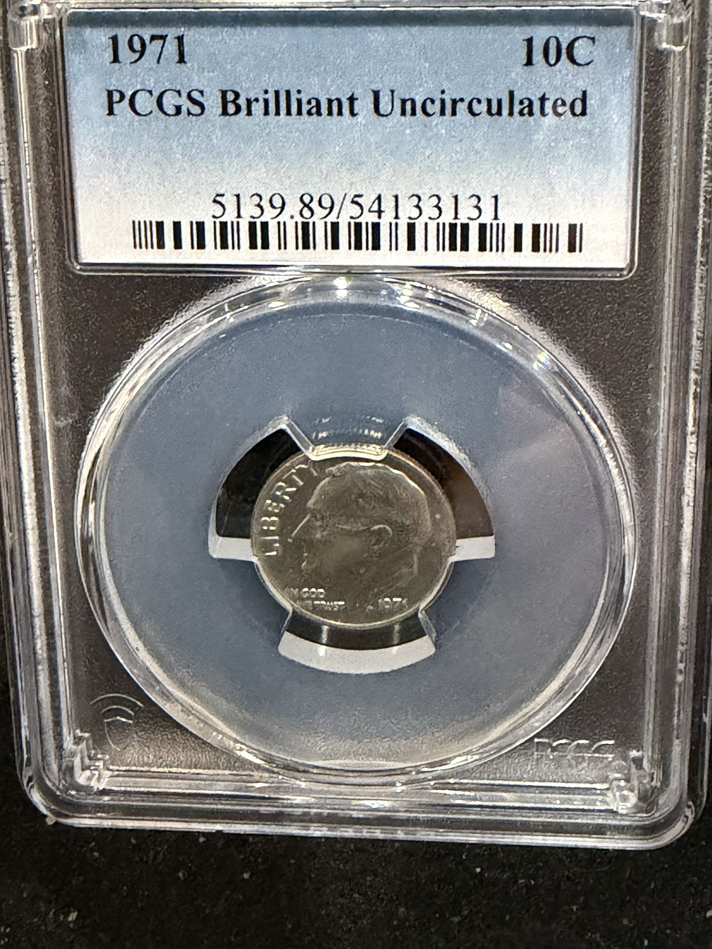 1971 P Brilliant Uncirculated Roosevelt Dime Graded By PCGS 5-3