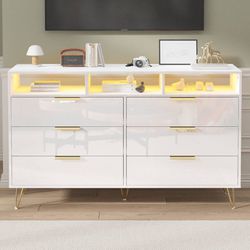 White Dresser for Bedroom with LED Lights, High Gloss 6 Drawer Dresser with Gold Legs, Modern Wood Dressers & Chests of Drawers, Living Room, Hallway