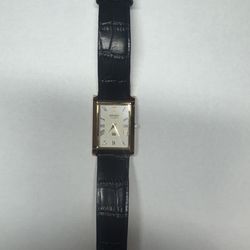 Seiko Rectangle Quartz Gold-Tone Analog Dress Watch Black Leather Roman Numerals