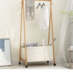 Bamboo Garment Rack, 2-Tier, 100% Bamboo Garment Rack with Top Hanging Rod and Bottom Storage Shelves, Indoor Plant Stand, Freestanding Clothes Hangin