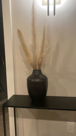 Black Minimalist Style Metal Vase With Dried Decorative Leaves Or Pampas Grass, H13”