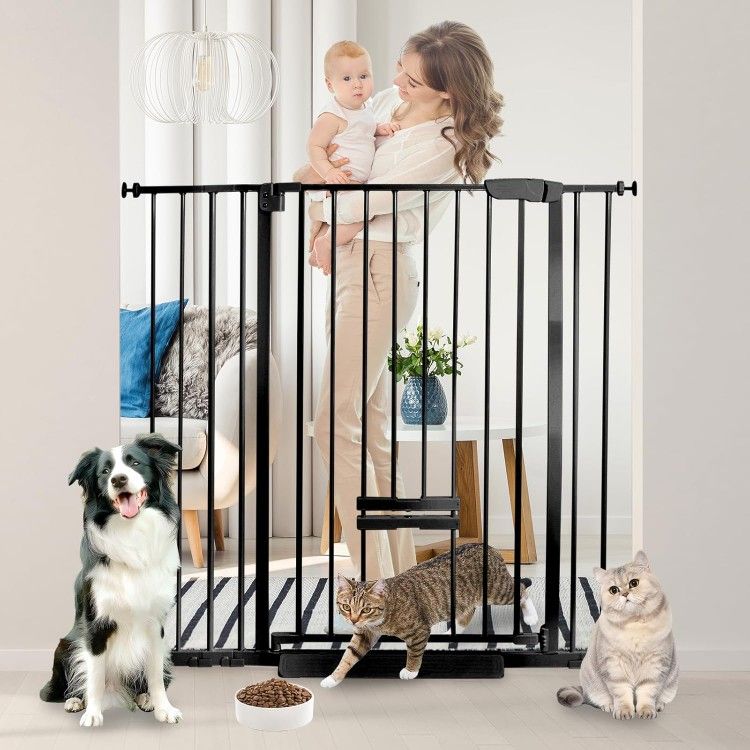 41 Inch Tall Baby Gate with Small Cat Door, Adjustable Auto Close Dog Gate Easy Walk Thru Pet Door for Stairs, Doorway, House (Black, 29.52"-43.71")