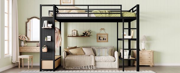 Queen size Loft Bed Frame with Wardrobe,Metal Loft Bed with Storage Shelves and Pegboard,Black