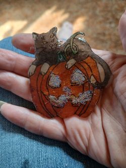 Cat on pumpkin pin handmade