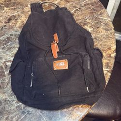 Pink Victoria's Secret Black Canvas Backpack Tan Leather Accent Medium Size