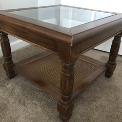 Vintage square coffee table with woven cane and glass  