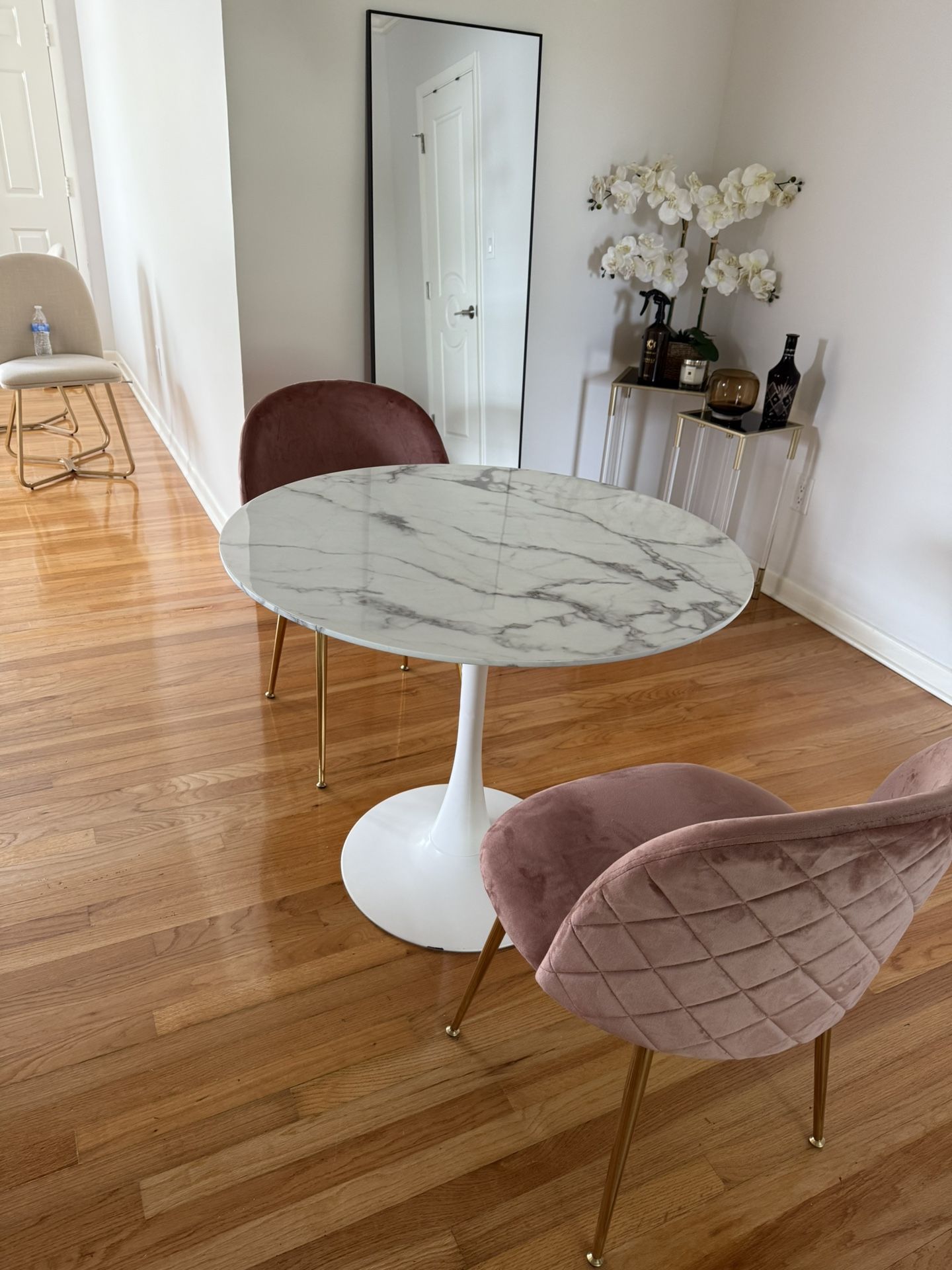 Modern Round Dining Set – Marble Glass Top Table + 2 Blush Pink Velvet Chairs