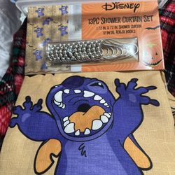13-Pc Disney Halloween Stitch Shower Curtain & Silver Metal Roller Hooks NWT