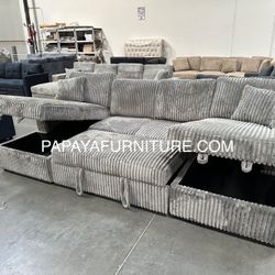 New Super Soft Plush Sectional And TWO STORAGE CHAISE and Pull Out Bed Fabric Sofa Couch