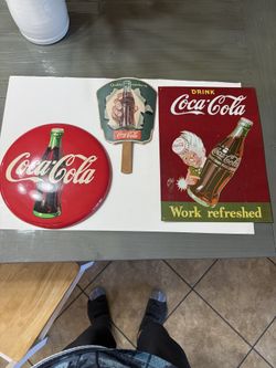 3 Coca-Cola Collectibles, Metal Sign, Round Tin Sign & Vintage Hand Fan