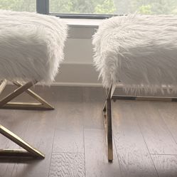 Pair Of White Faux Fur And Gold Stools