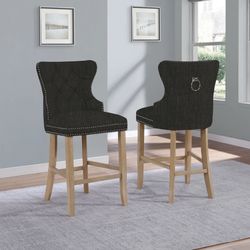 24″ Tufted Linen Upholstered Bar Stool in Black, Set of 2