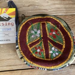 Hand Crafted Tie Dye PEACE SIGN Circular Clutch Bag Zipper Pouch Hippie Nepal 5" Burgundy