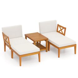 FREE SHIPPING New in Box Outdoor 5 Pieces Acacia Wood Patio Chaise Lounge Chair Set with Ottoman