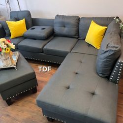 Charcoal Linen Sectional Sofa Couch +Storage Ottoman (New In Box) 