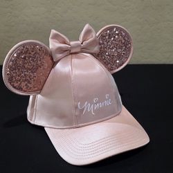 Disney Minnie Mouse Pink Satin Sequin Mouse Ears Trucker Baseball Hat Snapback *Please Read Description*