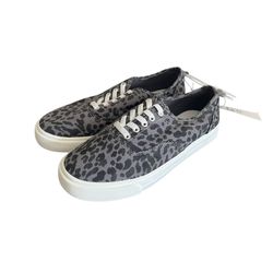 Old Navy Kids 4 Easy Pull On Sneakers Gray Leopard Jersey Knit Elastic Lace