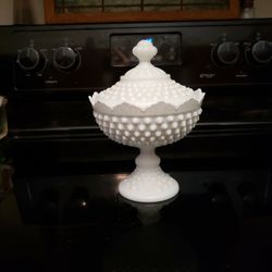 Vintage Hobnail Milk Glass Covered Candy Dish