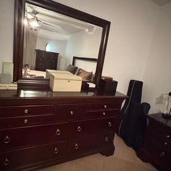 Macy’s bedroom set: bed, dresser with mirror, armoire, and bedside tables